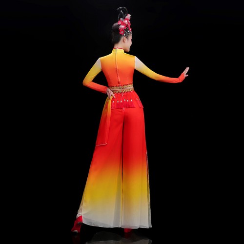 Red with gold chinese folk dance costumes for women girls Yangge dance dresses umbrella fan dance clothes Chinese wind national Floating classical dance set